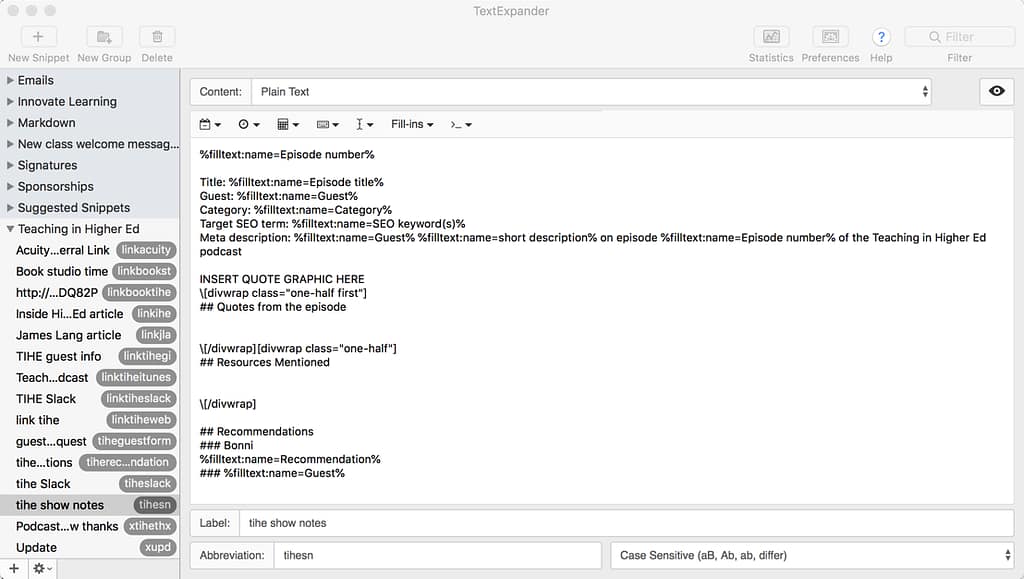 TextExpander screen